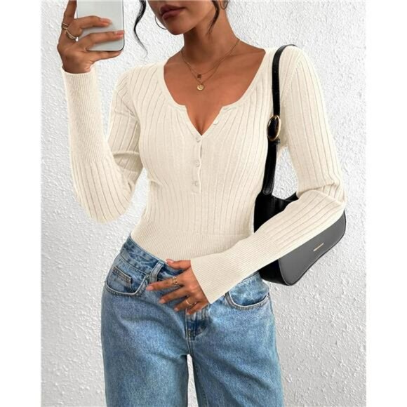 Womens Henley Long Sleeve Shirt Slim Fit Button Up Fall Lightweight Sweater - Picture 2 of 7